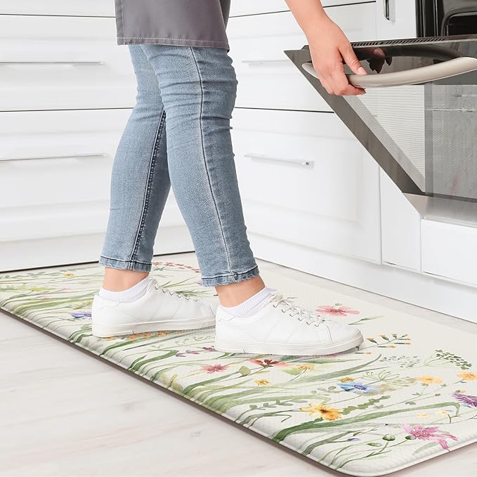 KIMODE Anti Fatigue Kitchen Mat 17.3"x29", Boho Floral Kitchen Floor Mats Non Slip, Waterproof Kitchen Mat for Floor, Padded Comfort Standing Mat for Laundry, Office, Sink, Desk White
