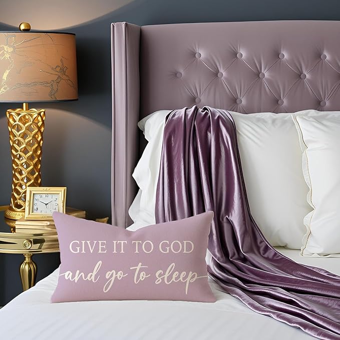 Dusty Lavender Purple Pillow Covers 12x20 Inch Set of 2 – Christian Gifts for Women – Give It to God and Go to Sleep/Relax God’s Got This – Decorative Lumbar Case for Girls’ Room