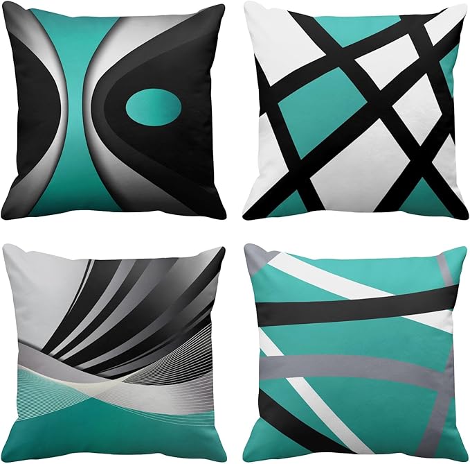 Emvency Set of 4 Teal Throw Pillow Covers Modern Abstract Black Grey Stripes Gray White Acrylic Bold Decorative Pillow Cases Home Decor Square 18x18 Inches Pillowcases