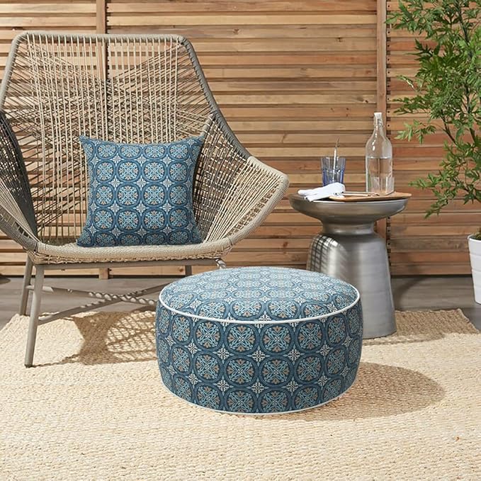 Magpie Fabrics Indoor/Outdoor Inflatable Stool Ottoman Pouf, Water Repellent Round Footrest Footstool with Foot Pump D20 xH9, Portable for Patio Garden Travel Camping or Home, Morgan Medal Blue