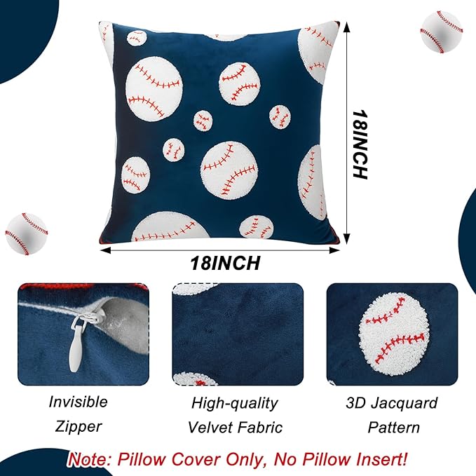 Breling Set of 2 Embroidered Baseball Velvet Pillow Cover 18x18 Inch Decorative Baseball Pillow Covers Cushion Case Sports Lover Gifts for Boys Room Decor Sofa Couch Bed Car