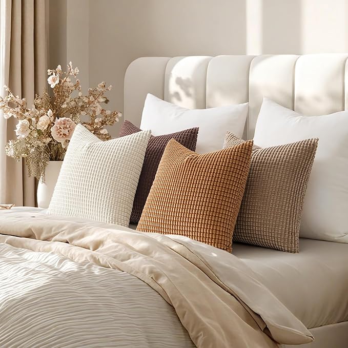 MIULEE Modern Farmhouse Decorative Lumbar Pillow Covers 18x18 Inch Set of 4 Natural Rustic Throw Pillows Neutral Warm Soft Corduroy Couch Pillowcases Home Decor for Sofa Living Room Bed Brown
