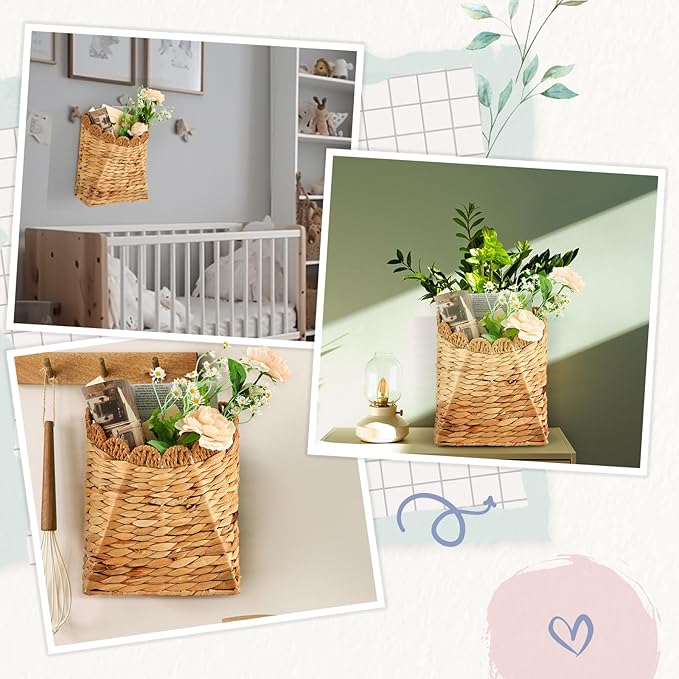 Honeydak Hanging Basket for Front Door 10.2" H Scalloped Water Hyacinth Woven Wall Mounted Organizer Handmade Storage for Flowers, Mails, Small Plants, Farmhouse, Garden, Fall Thanksgiving Decoration
