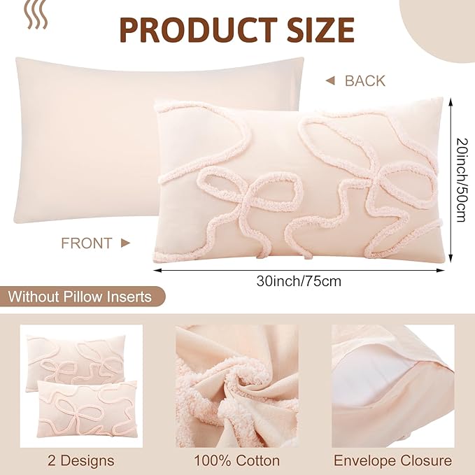 Mixweer 2 Pcs 20" x 30'' Thin Pink Coquette Bow Tufted Throw Pillow Cover 100% Cotton Bow Cushion Cases with Envelope Closure, Queen Size Pillowcase for Bed, Outdoor Couch Bedroom Car
