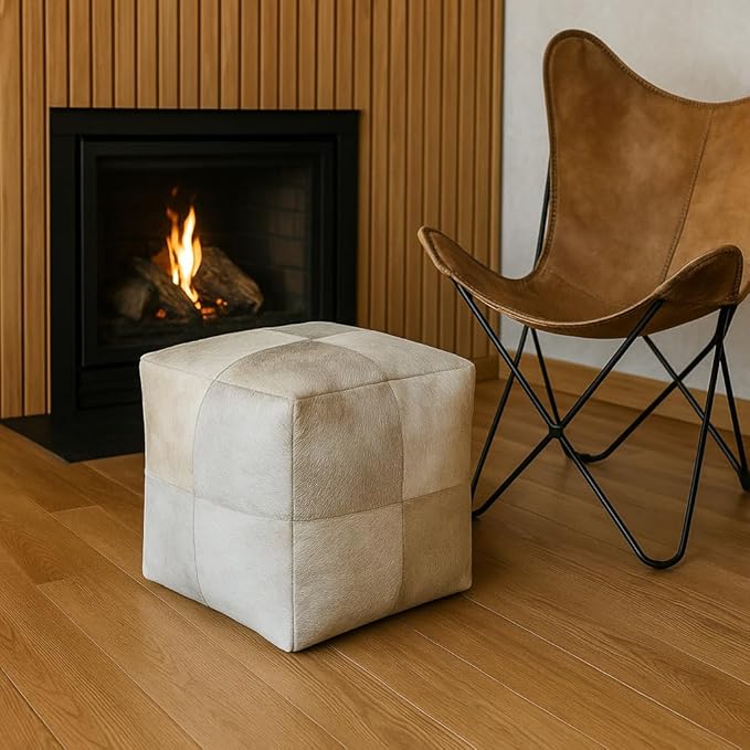 Unstuffed Premium Hair-on Leather Ottoman Pouf Cover, Boho Handmade Genuine Cowhide Square Footstool, Modern Cube Ottoman Footrest for Home Decor Living Room, Bedroom - 18X18 Inch, Grey