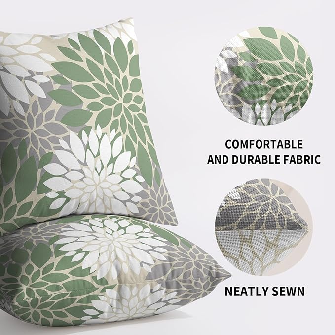 Sage Green White Grey Gray Pillow Covers 18X18 Inch Set of 2, Spring Modern Geometry Dahlia Floral Print Decorative Throw Pillow Covers Outdoor Farmhouse Cushion Case for Couch Sofa Bed Decor