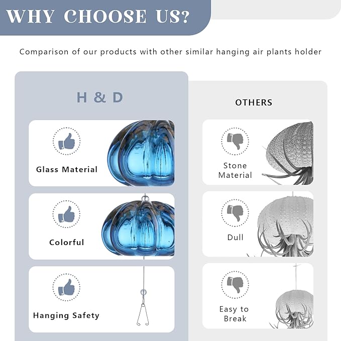 H&D HYALINE & DORA Blown Glass Jellyfish Hanging Air Planter, Cute Blue Jellyfish Air Plant Holder Gifts for Women Room Garden Wedding Party Decor (No Plants)
