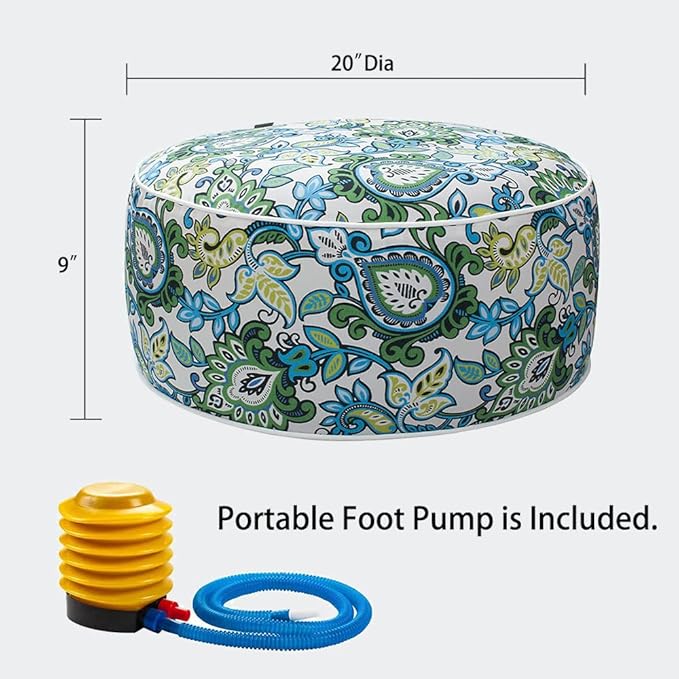 Magpie Fabrics Indoor/Outdoor Inflatable Stool Ottoman Pouf, Water Repellent Round Footrest Footstool with Foot Pump D20 xH9, Portable for Patio Garden Travel Camping or Home, Floral Blue Green