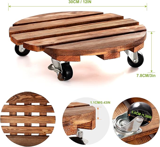 HOHY 2-Pack 12" Plant Caddy Plant Stand with Wheels Heavy Duty Wood Rolling Plant Stand with 2 360° Lockable Wheels,Indoor Outdoor Plant Roller for Large Planters, Flower Pot, Patio
