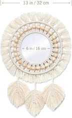 Dremisland Hanging Wall Mirror-Boho Macrame Fringe Round Decorative Mirror with Wood Beads Feather Pendant，Art Ornament for Apartment Home Bedroom Living Room