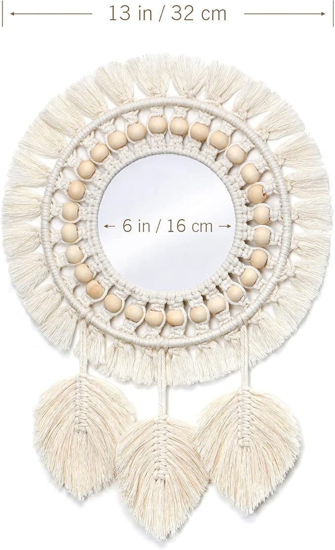 Dremisland Hanging Wall Mirror-Boho Macrame Fringe Round Decorative Mirror with Wood Beads Feather Pendant，Art Ornament for Apartment Home Bedroom Living Room