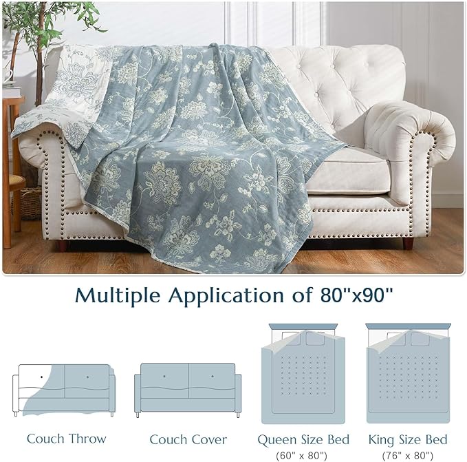 jinchan Boho 100% Cotton Muslin Queen Size 80x90 Inches Blanket Lightweight 4-Layer Quilted Soft Blue and White Floral Throw Blanket Green Accents Reversible Comfy Flower Rustic Summer Couch Bedroom