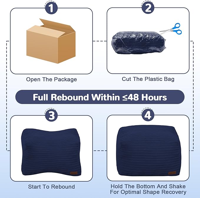 MeMoreCool Square Stuffed Pouf Ottoman Foot Rest, Stripe Furry Floor Pouf Foot Stool with Foam Chunk Filling, Soft Fluffy Stuffed Ottoman Footrest for Living Room, Corduroy Navy