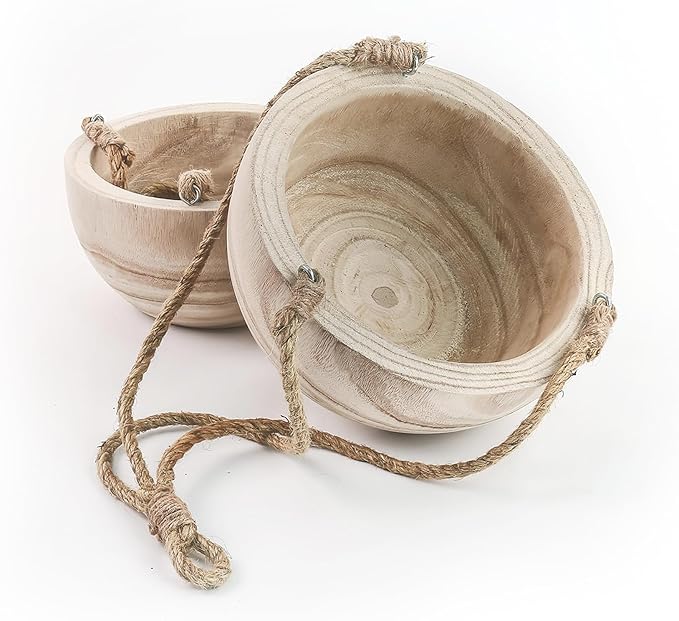 CYS EXCEL Meduim Wooden Hanging Planter Paulownia Wood Bowl Basket with Jute Rope for Indoor Plants Succulents