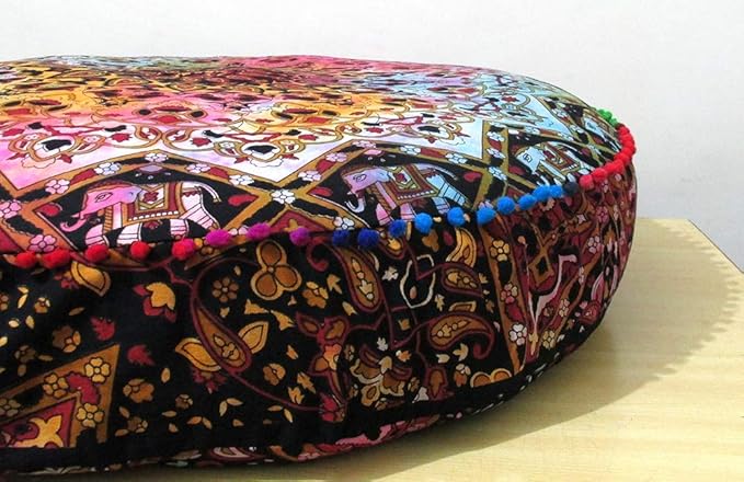 ICC Large Hippie Mandala Round Floor Pillow Cover Ottoman Pouf Cover Daybed Oversized Cotton Cushion Cover with Heavy Duty Zipper Seating Ottoman Poufs Dog-Pets Bed (Multi Star, 35" Round)