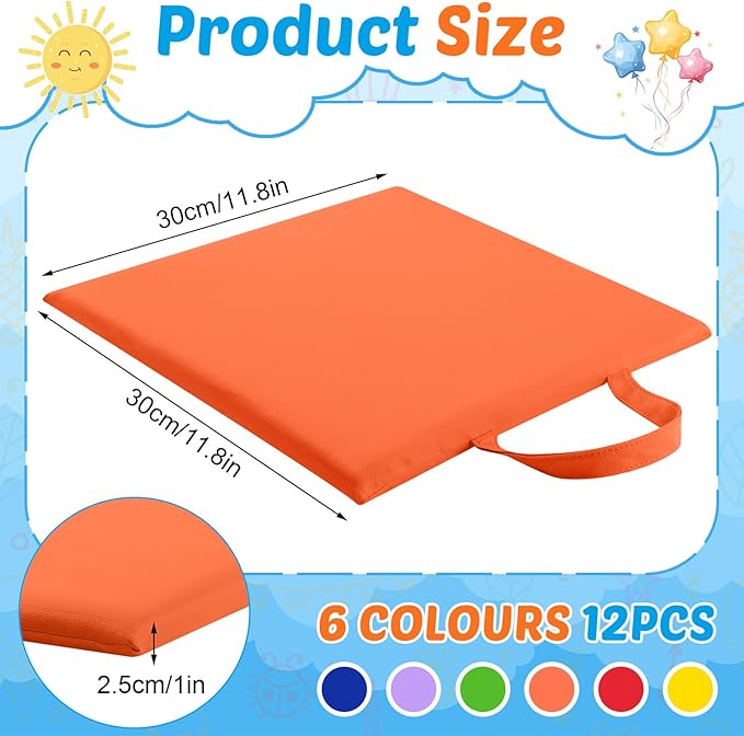 Suzile 12 Pcs 12'' Square Floor Cushions for Kids Classroom Flexible Floor Seating Elementary with Handles Classroom Carpet Cushions for Adults Toddlers Daycare Preschool School(Bright Color)
