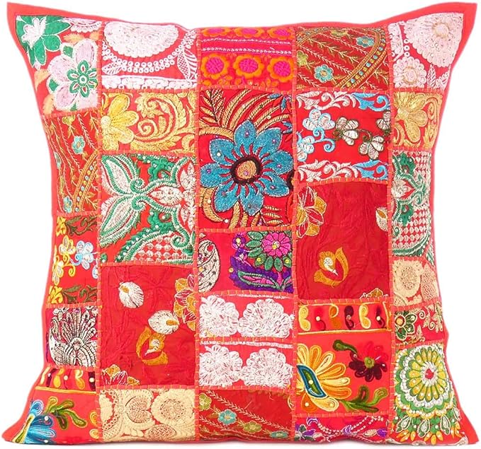 Eyes of India Decorative Patchwork Boho Throw Pillow Cover, Colorful Bohemian Cushion Case for Sofa Couch, Handmade Accent Bedroom Living Room (Red, 24" x 24")