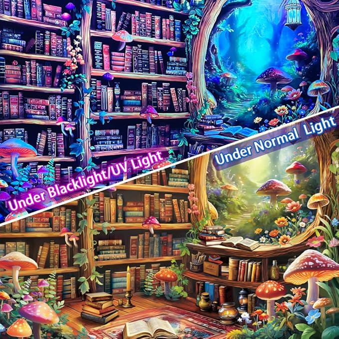 Lahasbja Blacklight Bookshelf Tapestry UV Reactive Magical Library Wall Hanging Fantasy Fairy Mushroom Forest Wall Tapestries Aesthetic Plants Bookcase Background for Bedroom