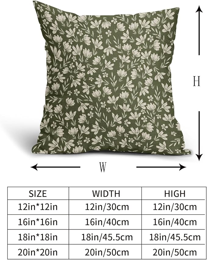 Olive Green Pillow Covers 20x20 Set of 2 Vintage Floral Rustic Old Style Cute Flower Print Decorative Outdoor Pillowcases Seasonal Farmhouse Throw Cushion Case Decor for Couch Sofa Bed