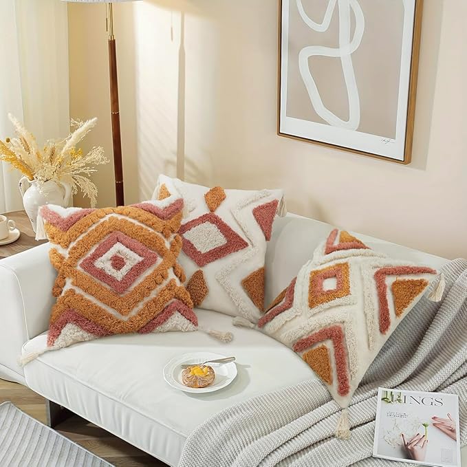 Merrycolor Boho Throw Pillow Covers 18x18 with Tassels, Decorative Pillow Covers Woven Tufted Bohemian Pillow Covers for Couch Sofa Bedroom Living Room (Orange)