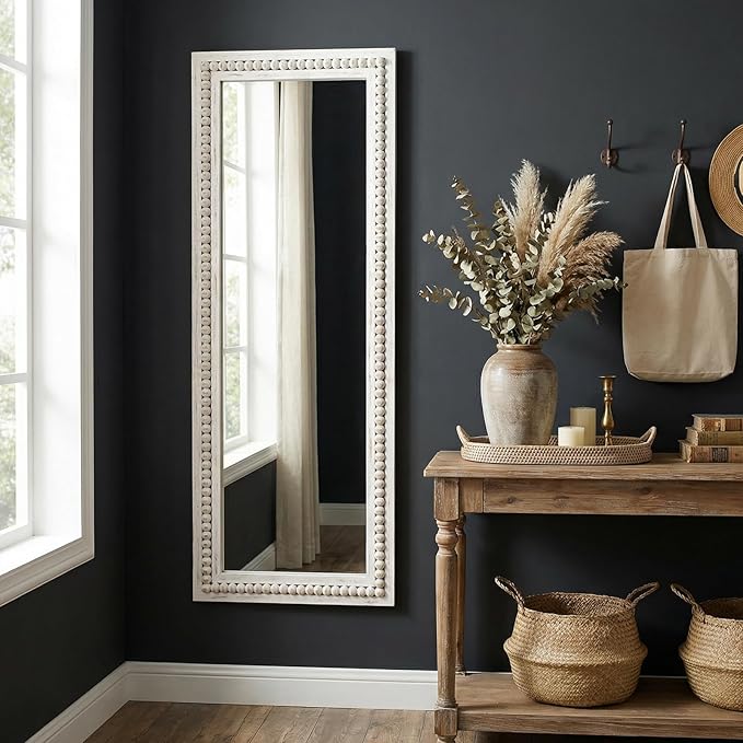 H HOMEWINS Rustic Full Length Mirror,18x48 Inch Farmhouse Boho Bathroom Full Body Nursery White Beads Decor Wall-Mounted Mirror for Bedroom, Living Room,Vanity,Entryway,Over Sink