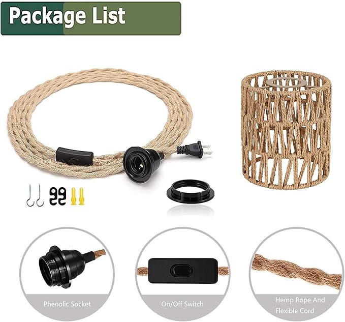 2X Boho Plug in Pendant Light, Hanging Light with Plug in Cord Ceiling Lamp Rattan Cylinder Lamp Shade On-Off Switch Hanging Plant Shelf Shelves Bohemian Decor for Bedroom Living Room Corner