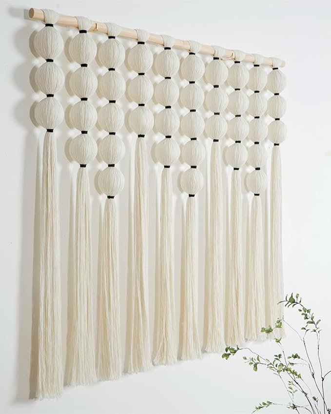 RUIZHIXUAN Large Macrame Wall Hanging Macrame Ball Wall Hangings Tapestry Cotton Textile Boho Wall Decor Art Bohemian headboard Handwoven 39" Wx38” L(Cream)