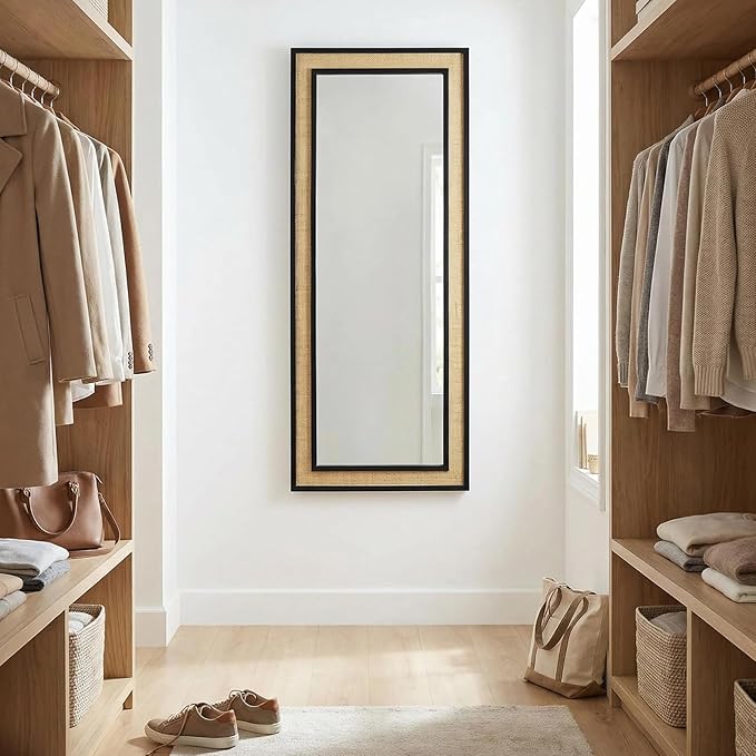 Rattan Full Length Mirror,24"x60" Long Rattan Wall Mirror,Wooden Mirror with Wicker Frame,Decorative Full Body Mirror Hanging,Farmhouse Rectangle Floor Mirror for Bathroom Living Dressing Room Black