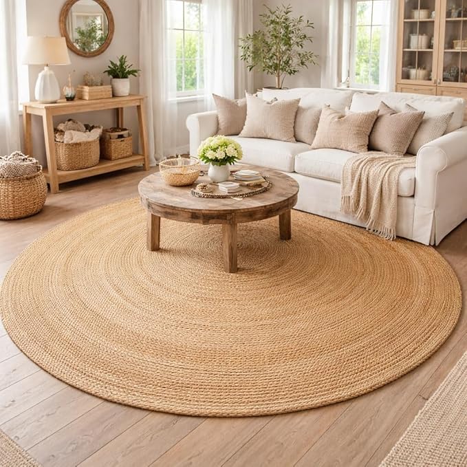 Savi Home Jute Area Rug Handwoven - 8 feet Round Natural - Rustic Vintage Beige Braided Reversible Rug- Eco Friendly Rugs for Farmhouse, Bedroom, Kitchen, Living Room