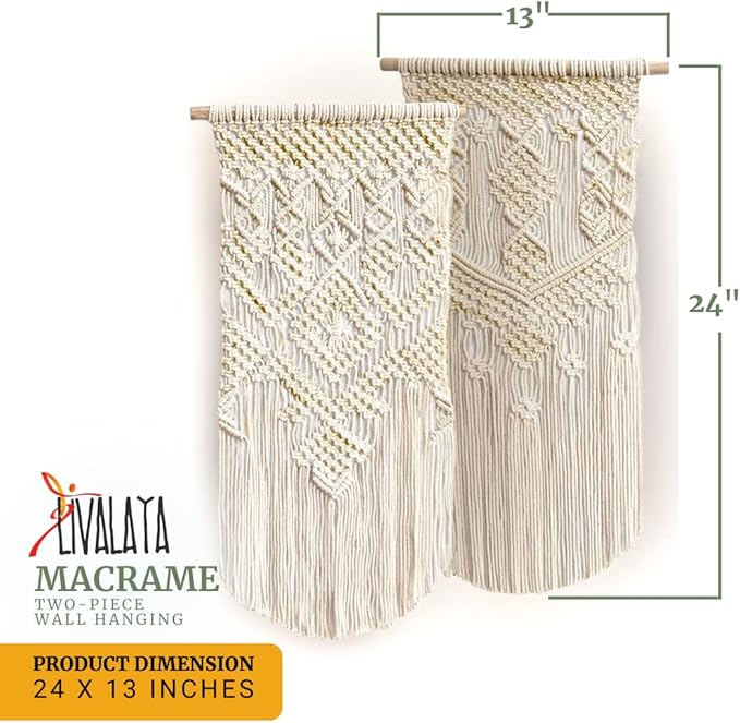 LIVALAYA Boho Macrame Wall Hanging Woven Decor, 24”L x 13”W, Set of 2, Beige wall decor Modern Bohemian Farmhouse woven wall hangings for House Apartment Dorm Room, Nursery, Geometric Aztec Décor