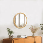 Rattan 24in Round Wall Mirror, Natural Rattan Frame Boho Mirror for Farmhouse Bedroom Checkroom Livingroom Decor