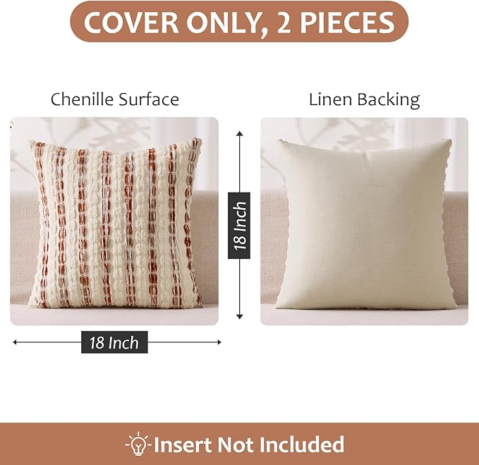 ANRODUO Boho Chenille Pillow Covers with Textured Tufted Stripes 18x18 Inch Set of 2 Woven Decorative Cushion Case Farmhouse Accent Neutral Pillowcase for Couch Sofa Bed Living Room Decor,Orange White
