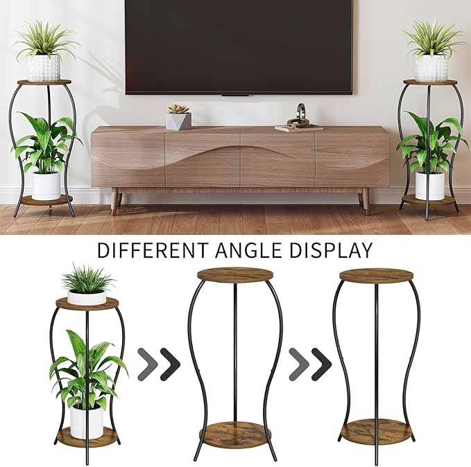 Plant Stand Indoor, 2 Tier Round Tall Plant Stand, Flower Pot Stand, Plant Shelf Rack, Corner Plant Stand for Planter Garden Balcony Patio Living Room, Retro