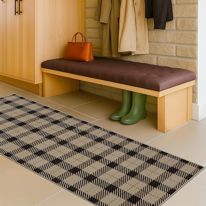 Entryway Rug Runners for Hallways Non Slip - 2x6 Jute Boho Runner Rug for Kitchen Floor, Indoor Outdoor Entrance, Hall Way, Washable No Shed Neutral Easy Jute Sisal Black and Tan Checkered Plaid