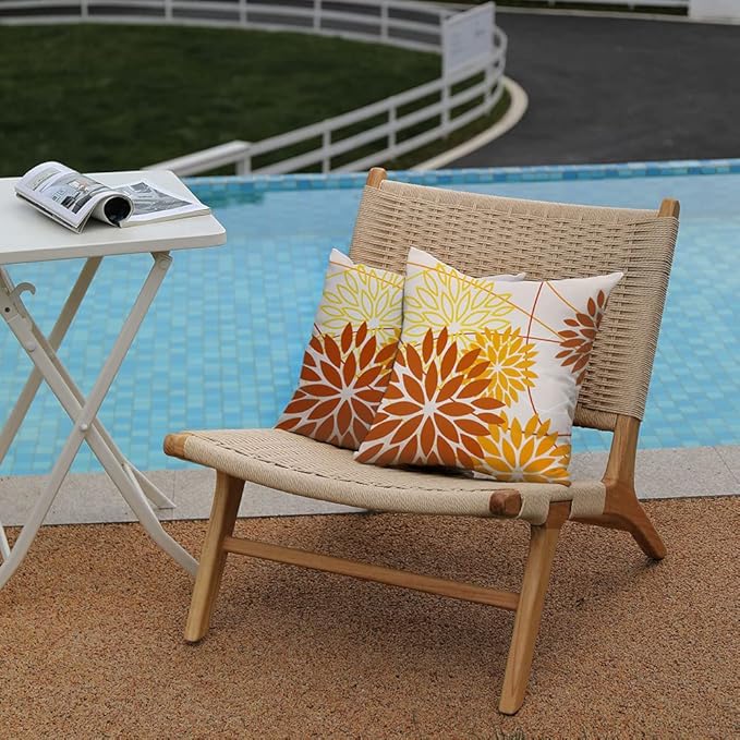 DFXSZ Brown Yellow Fall Pillow Cover 16X16 Inch Set of 2 Outdoor Waterproof Floral Brown Decorative Pillowcase Decor for Couch Patio Funiture Garden Print Polyester Cushion Cover 01M16