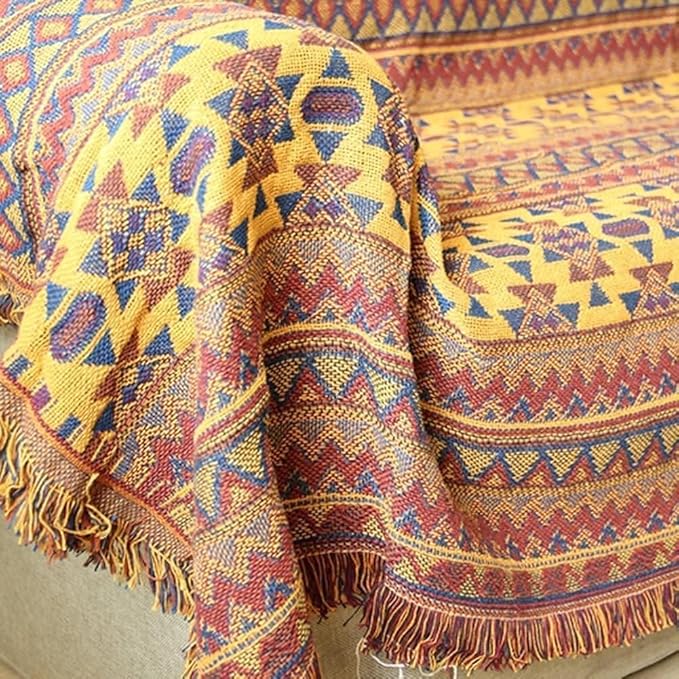 Boho Throw Blanket Couch Chair Cover, 100% Cotton Southwest Aztec Home Decor Throw - Reversible All Season Blanket for Bed Sofa Tapestry Outdoor Travel Camping. 71″×91″