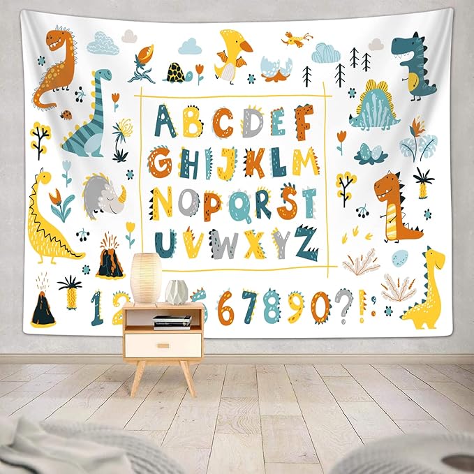 Alphabet Poster Tapestry for Kids Boys Girls Bedroom, ABC Learning for Toddlers Cute Dinosaur Art Educational Tapestries Wall Hanging Classroom Living Room Office Decor 60X40"