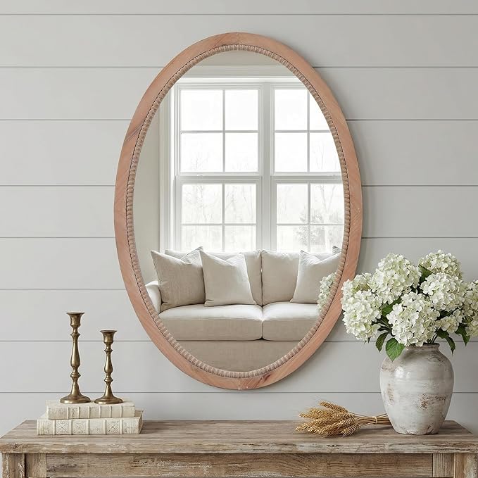 sawsile Oval Wood Mirror,20x30 inch Rustic Farmhouse Natural Wooden Frame Boho Beads Wall Mirror for Bathroom,Living Room,Bedroom or Entryway