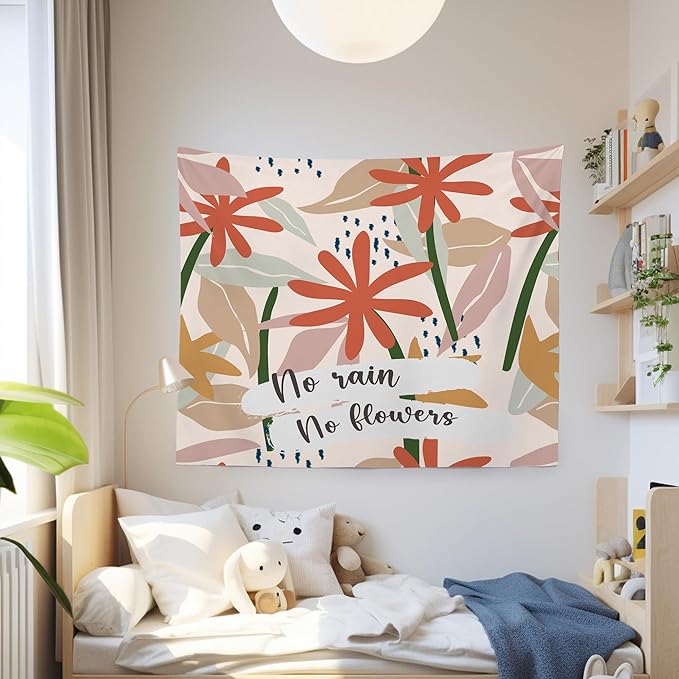 MNOSAIOO Boho Floral Spring Wall Tapestry Hanging for Classroom, Inspirational No Rain No Flower Tapestry, Cute Nursery Tapestries Wall Decor for Bedroom Therapy Girly Room Kids 60x50 inch