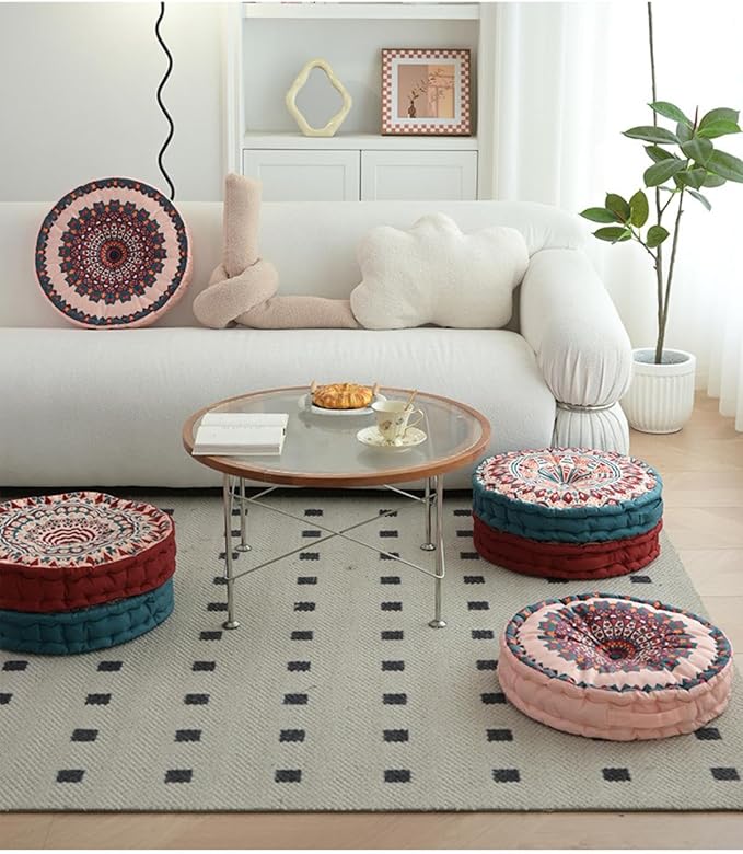 MOJUN Boho Floor Pillows Cushion, Round Meditation Floor Pillow Seating Cushion for Adults and Kids Bohemian Home Decorative Floor Cushions for Yoga Living Room Chair Tatami (Red, 17.7inch)