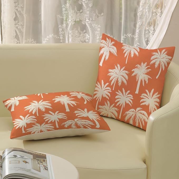 Burnt Orange Palm Tree Pillow Covers 20x20 Inch Set of 2 Vintage Tropical Decorative Pillow Cases Summer Outdoor Cushion Cover Farmhouse Linen Decoration Throw Pillows for Couch Living Room