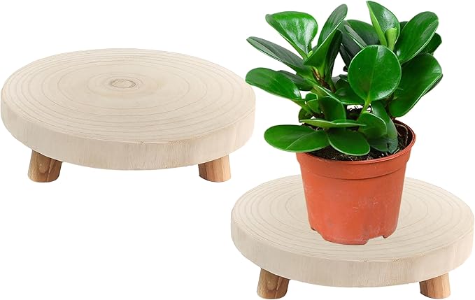 CYS EXCEL 2 Pcs Wooden Plant Stands Modern Raised Display Risers for Indoor Planters Round Natural Wood Slice Pedestals with Short Legs for Tabletop Decor Rustic Boho Home Accent, 11 Inch Diameter