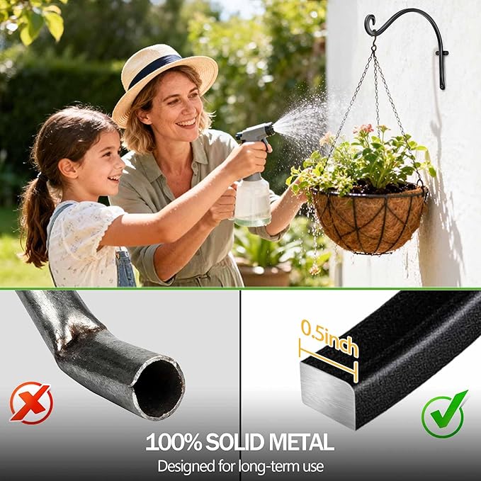 Hanging Plant Brackets Outdoor: 2 Pack 12 Inch Metal Plant Hangers Wall Hooks - Can Hold 50 Lbs Heavy Duty Outdoor Hooks for Hanging Bird Feeders, Flower Baskets, Lanterns, Wind Chimes