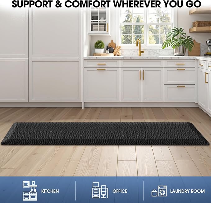 Mattitude 4/5 Inch Thick Kitchen Mat Cushioned Anti-Fatigue Floor Mat Water Resistant Non-Slip Mats and Rugs Standing and Comfort Desk Mats for House Sink Office Laundry (Black, 17.3"x60")