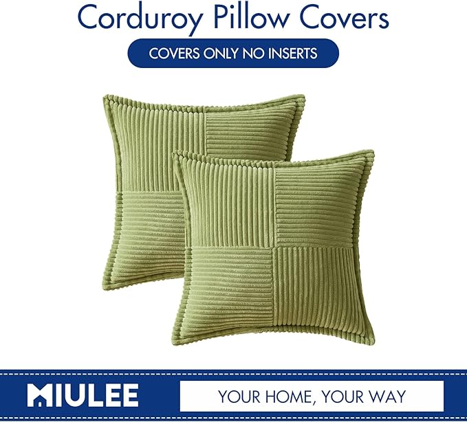 MIULEE Spring Decorative Throw Pillow Covers for Couch Bed Livingroom 16x16 Inch Set of 2 Green Boho Accent Throw Pllows Broadside Striped Patchwork Soft Corduroy Summer Pillowcases