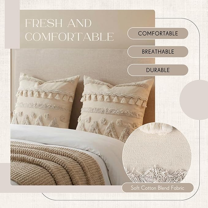 Tegeme 2 Pack Boho Throw Pillow Covers 18 x 18 Inch Tufted Textured Woven Farmhouse Decorative Pillowcases with Tassels Modern Neutral Cream Couch Pillows with Zipper for Sofa Bed Living Room