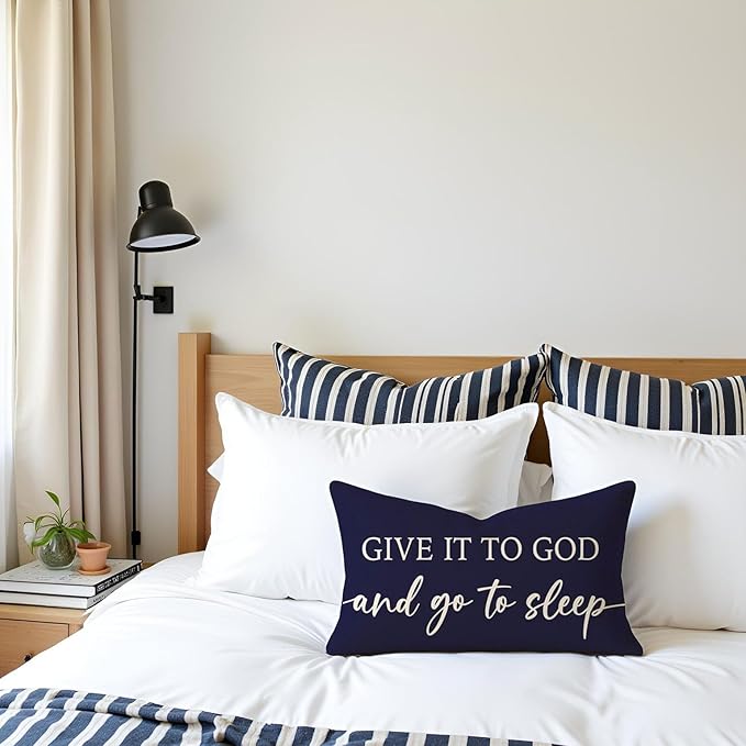 Christian Pillow Covers 12x20 for Bed Set of 2 – Navy Blue Faith Lumbar Cushion Case – Give It to God and Go to Sleep/Relax God’s Got This – Inspirational Gift for Him