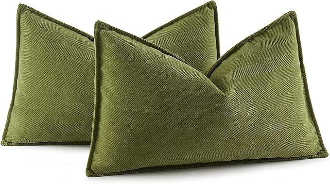 MIULEE Pack of 2 Moss Green Decorative Lumbar Pillow Covers 12x20 Inch Soft Chenille Luxurious Couch Throw Pillows Farmhouse Cushion Covers with Elegant Design for Sofa Bed Living Room Spring Decor