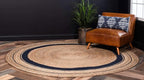 Unique Loom Braided Jute Collection Classic Quality Made Natural Hand Woven with Coastal Design Area Rug (8' 0 x 8' 0 Round, Natural/ Navy Blue)