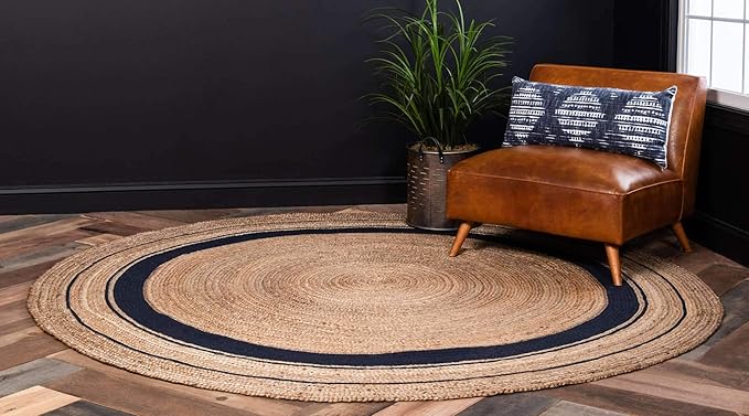 Unique Loom Braided Jute Collection Classic Quality Made Natural Hand Woven with Coastal Design Area Rug (8' 0 x 8' 0 Round, Natural/ Navy Blue)